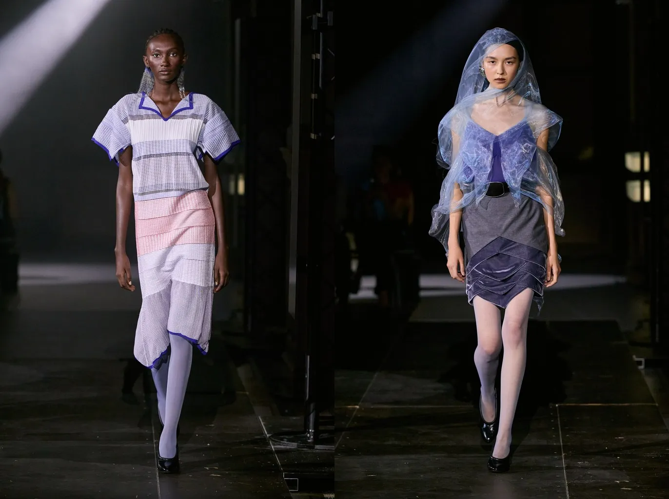 Looks 2 and 34: pale lilac tights with black pumps, under a pleated skirt and a velvet mini