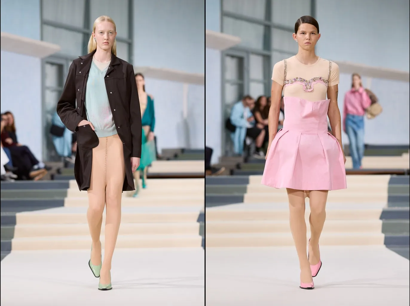 Looks 20 and 34: nude tights under an open dark coat and under a pink structured dress