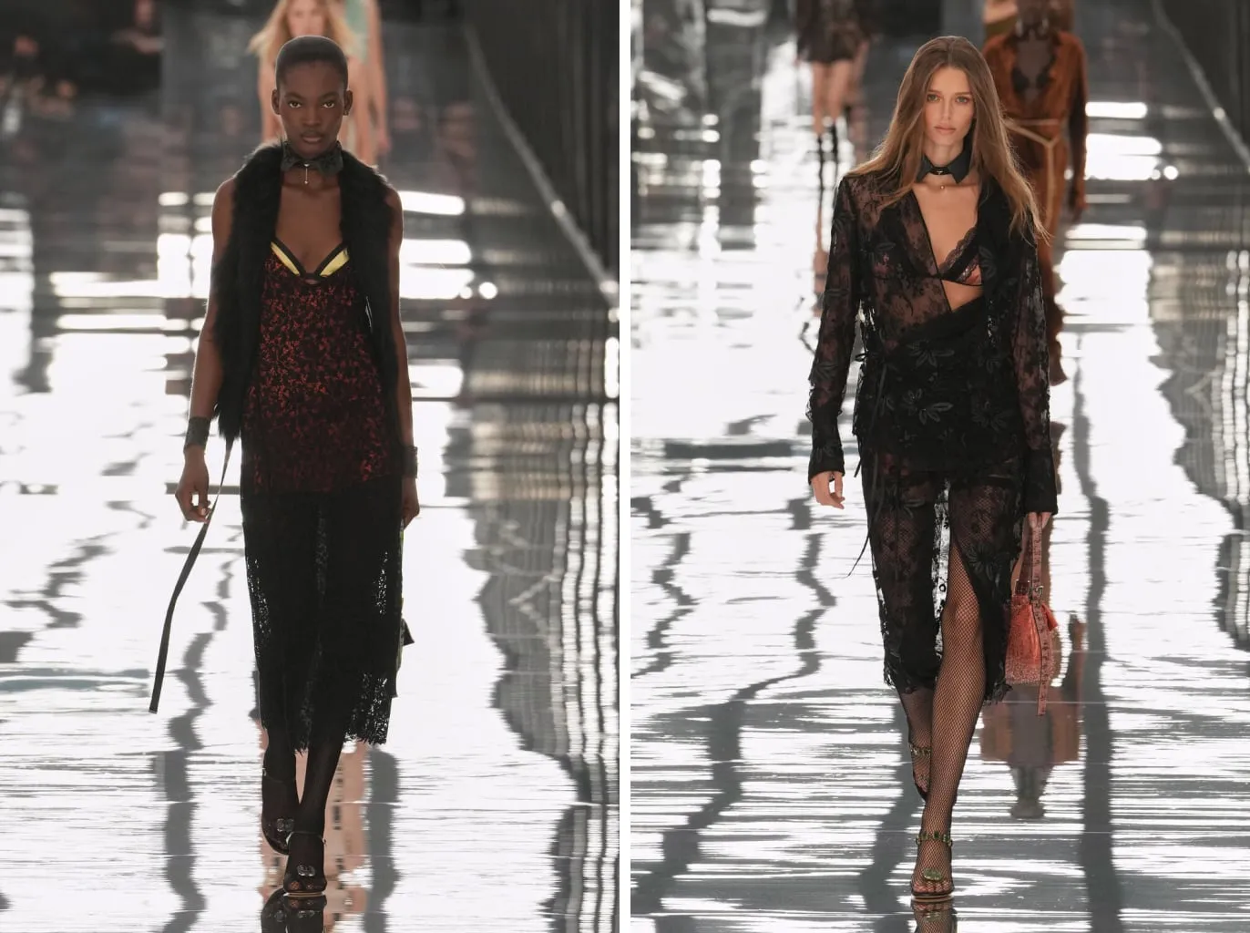 Legs in black fishnet under the black lace dress and under the sheer lace dress, with jewelled sandals