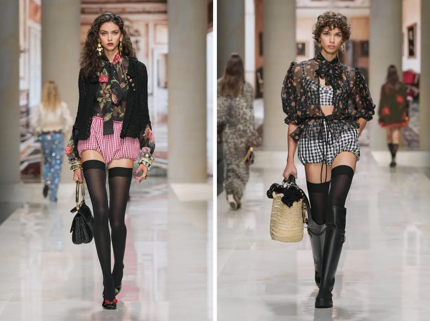 Black hold-ups with gingham shorts, with the red-rose pump and with riding boots
