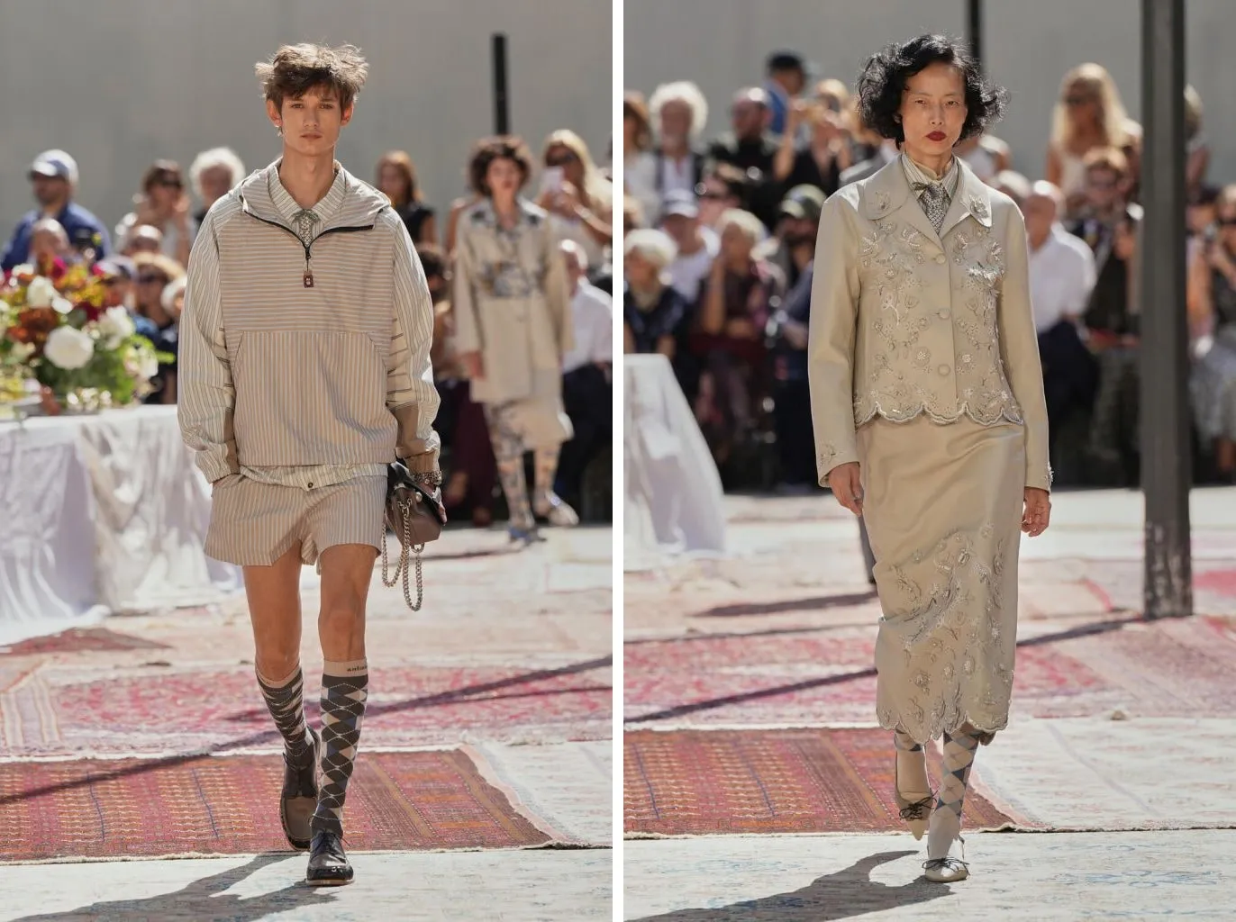 Uscite 21 e 37: calzini al ginocchio a rombi scozzesi con shorts e derby, e con una gonna ricamata e ballerine allacciate
