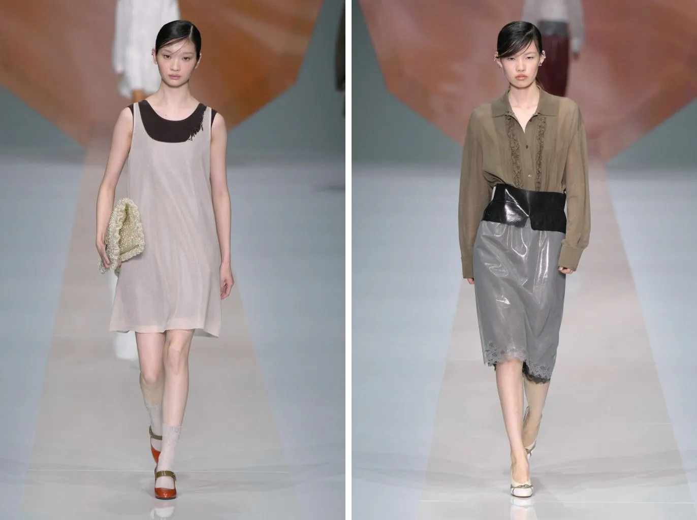 Looks 22 and 1: a white pointelle sock with an orange Mary Jane under a slip, and bare legs with cream shoes in the opening look