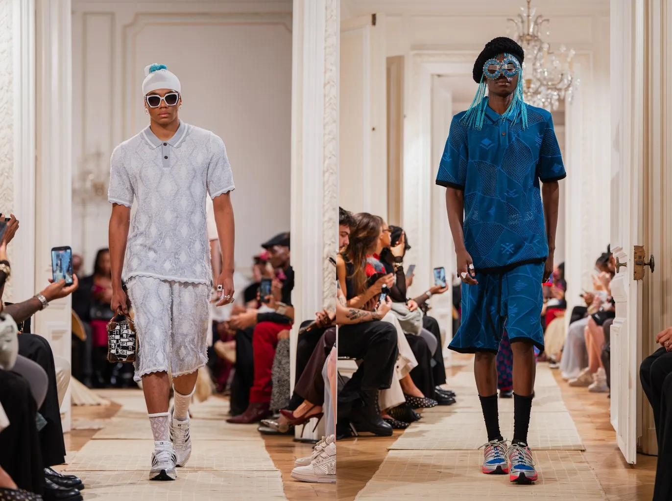 Looks 24 and 36: white openwork socks and black knee socks with knit Bermuda shorts and sneakers