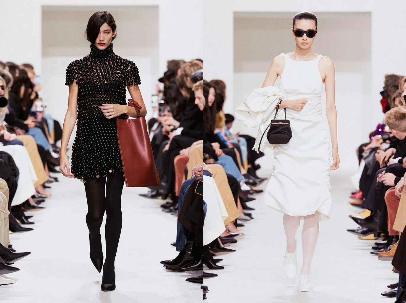 Looks 26 and 9: opaque black tights with a studded mini dress, and white tights with a white dress and sneakers