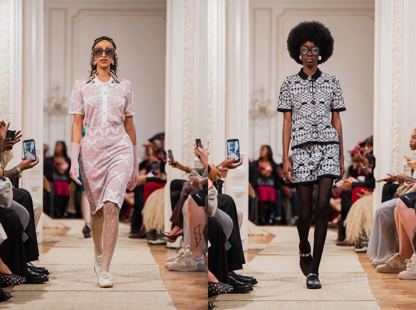 Looks 27 and 40: white openwork tights with white ballet flats, and sheer black diamond tights with black ballet flats