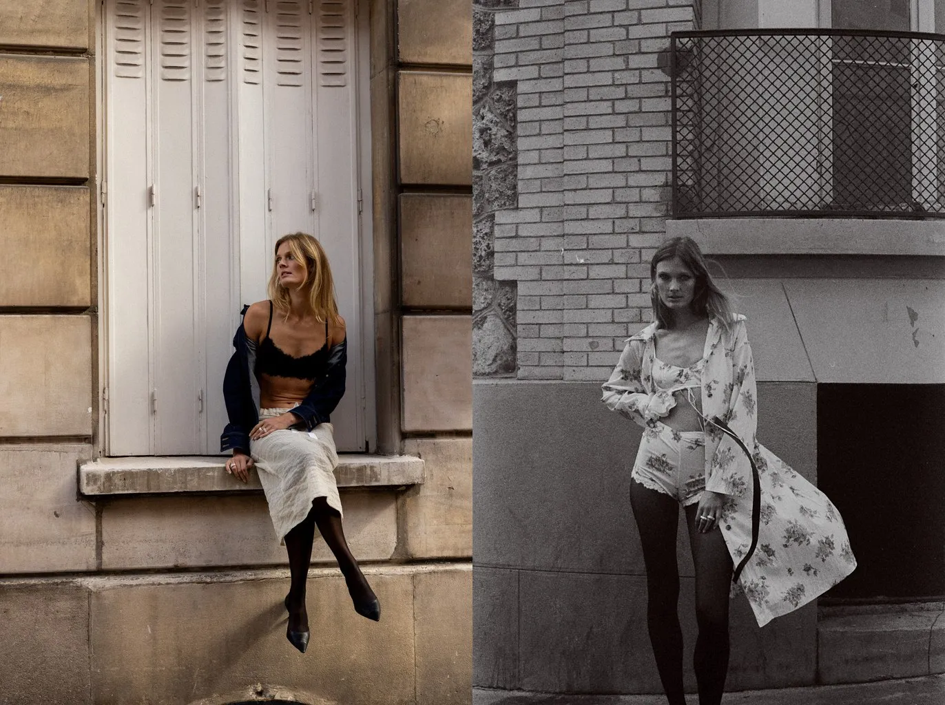 Uscite 3 e 16: collant neri con una gonna di lino e décolleté a punta, e collant neri con shorts e vestaglia a fiori in bianco e nero