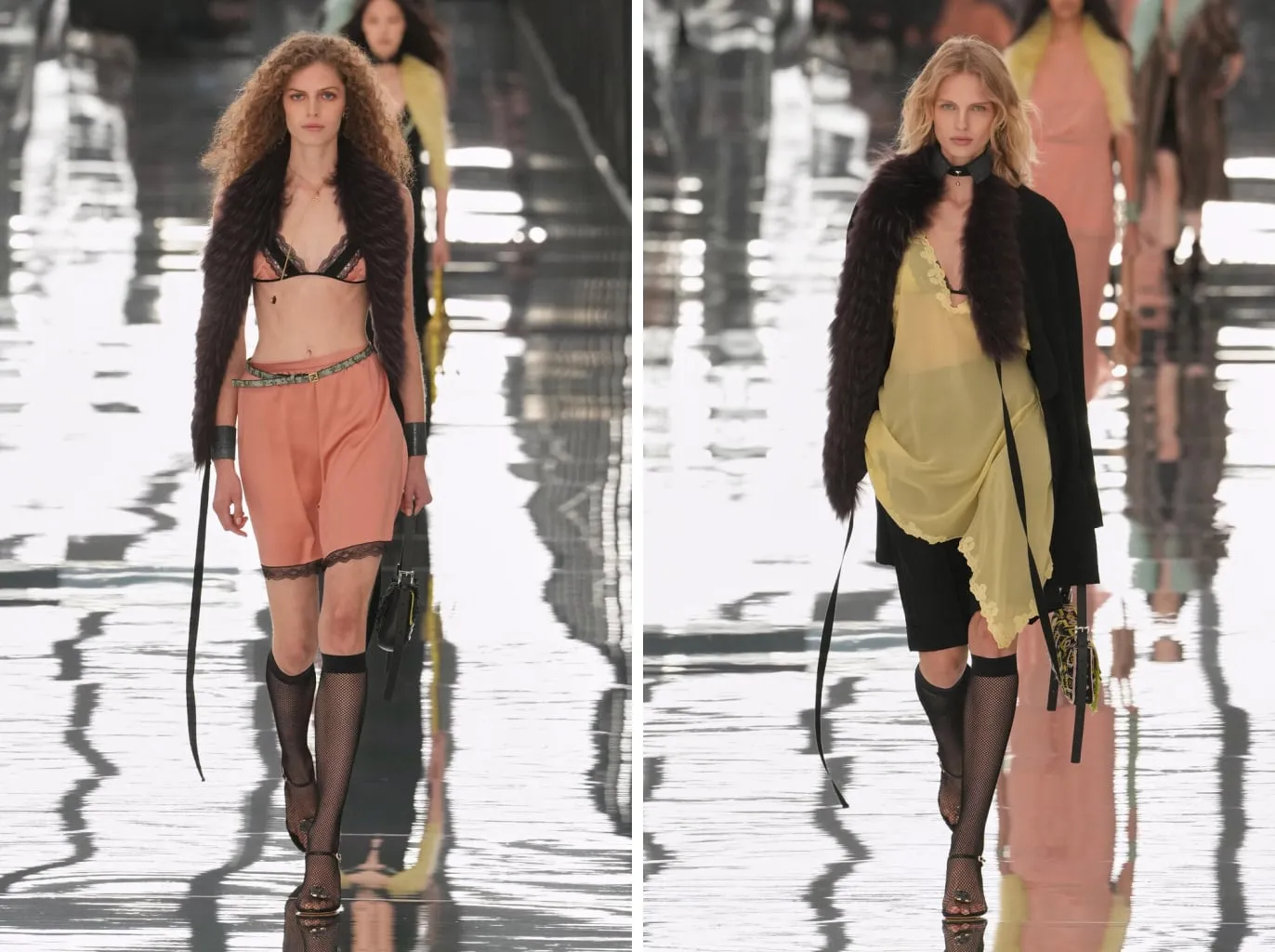 Sheer black knee socks with sandals, under the pink boxer set and under the yellow chiffon top with black shorts