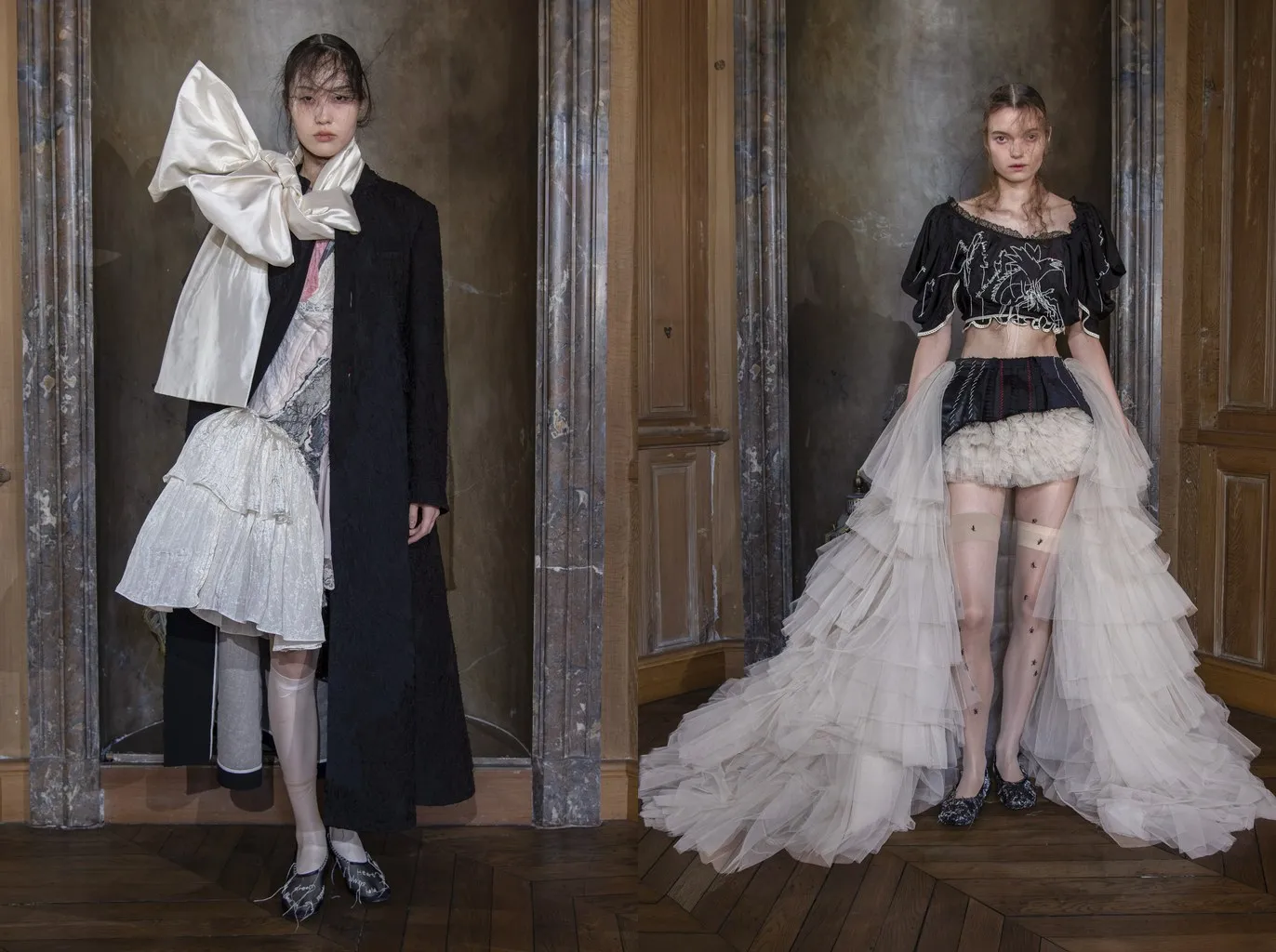 Looks 3 and 8: a pale over-the-knee stocking under a white skirt and a black coat, and nude stockings with a wide band and small black ants under a tulle train