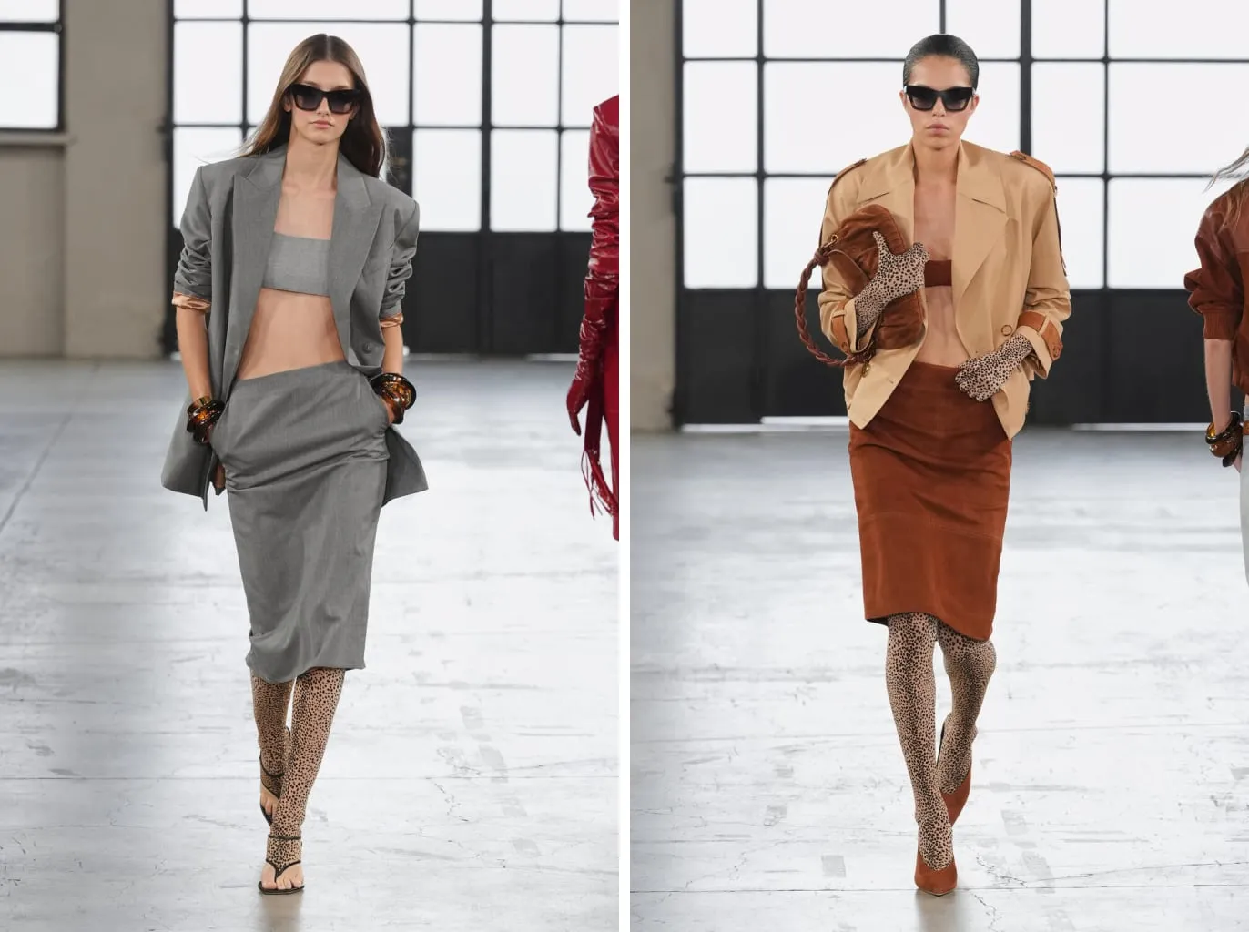 Micro-leopard footed leggings under the grey suit with a thong sandal and under the suede skirt with a brown pump
