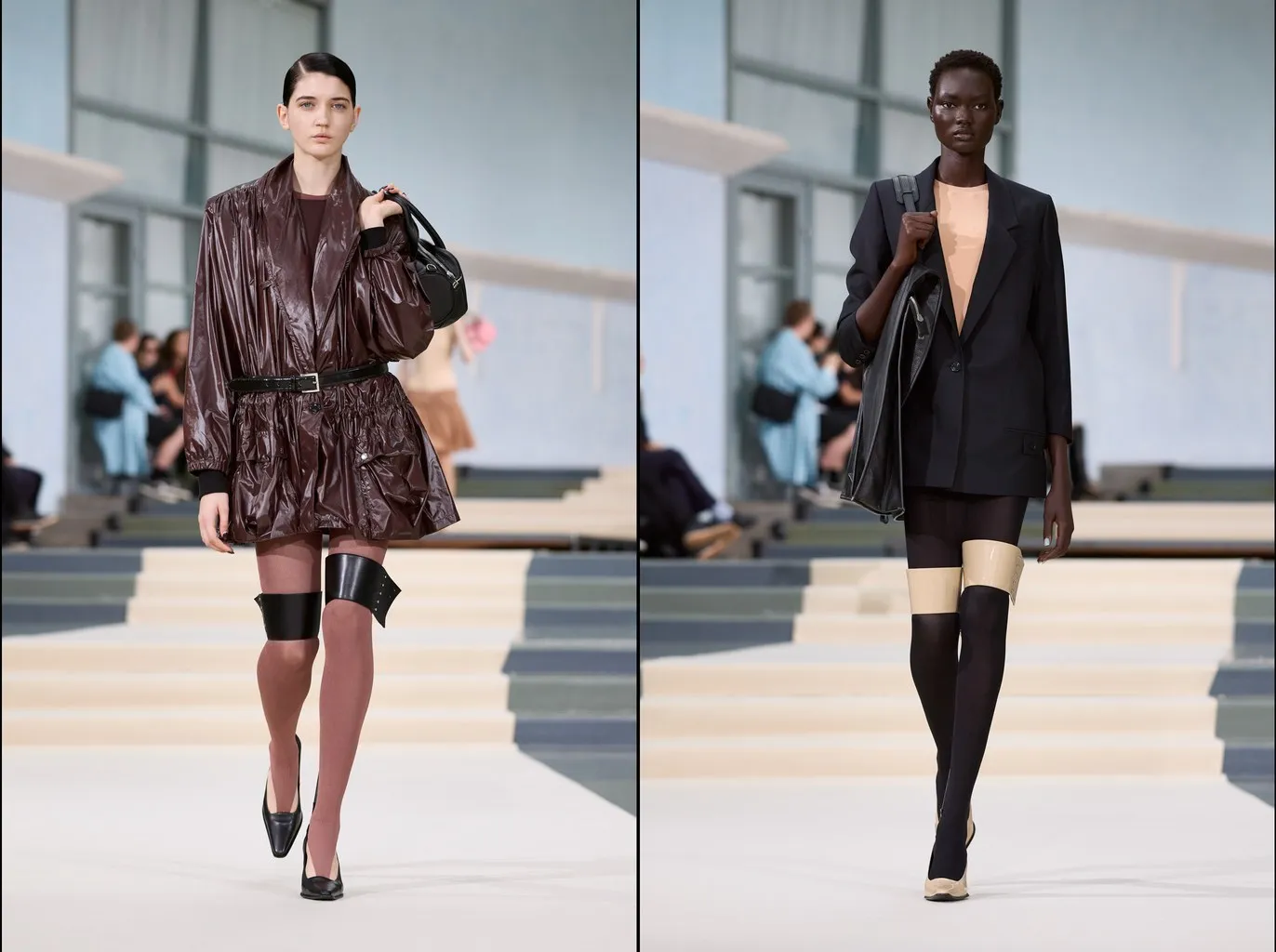 Looks 31 and 19: leather and patent cuffs on the thighs over dusty-rose and black tights