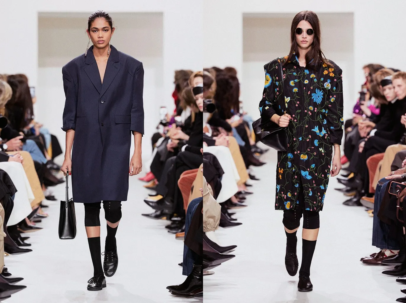 Looks 33 and 49: black knee socks with lace-up shoes under a black knee band