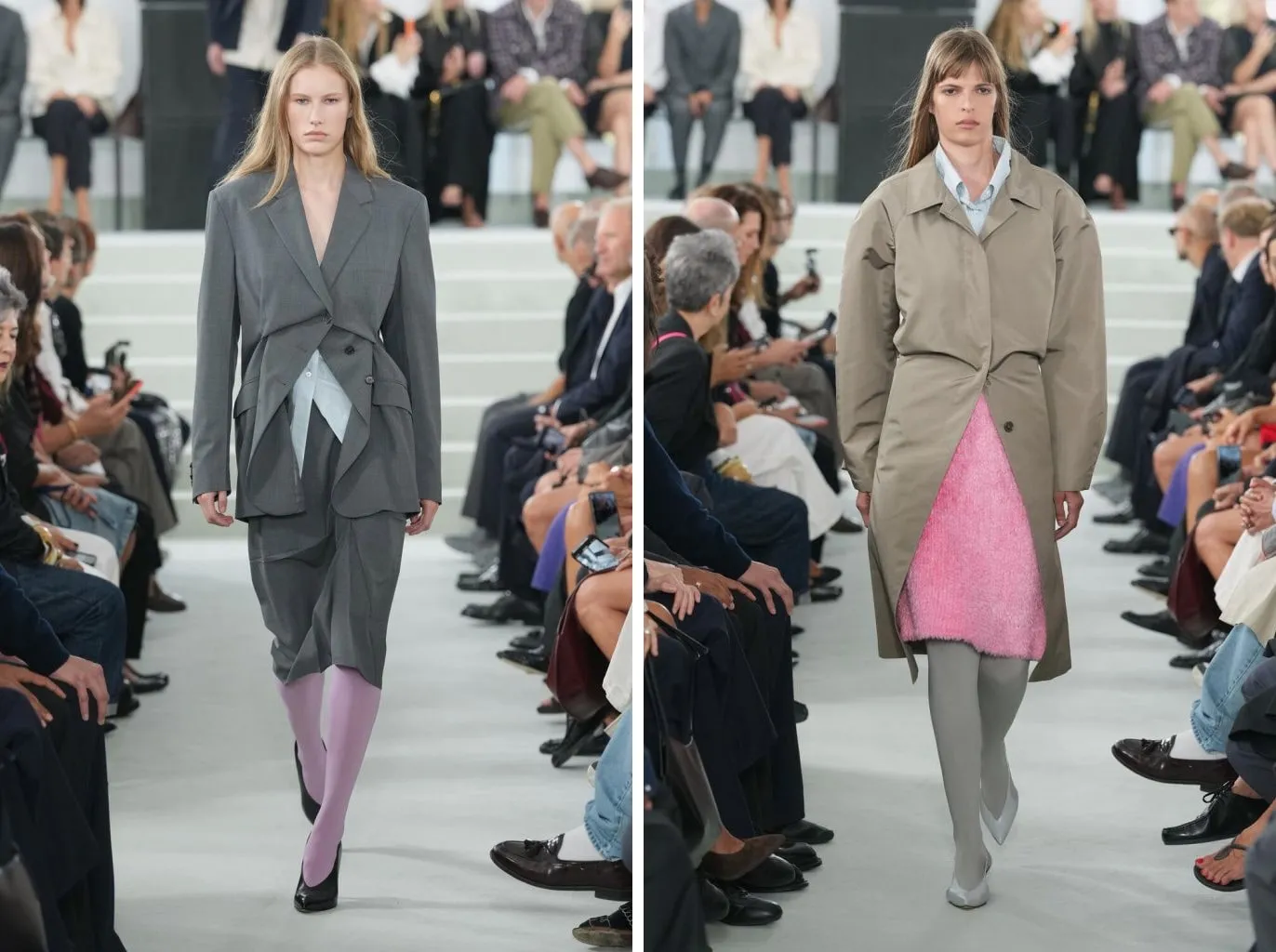 Looks 35 and 55 from the Jil Sander spring/summer 2027 show: lilac tights under a grey suit with shorts, and pale grey tights under a pink mini dress and a beige coat