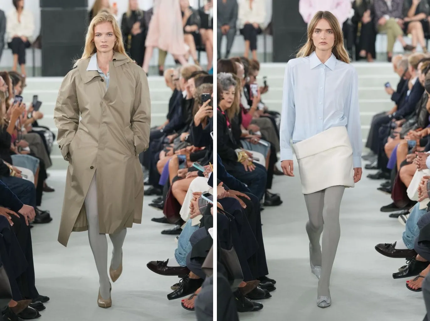 Looks 37 and 41 from the Jil Sander spring/summer 2027 show: opaque grey tights under a beige trench and under a cream mini skirt, with pointed pumps