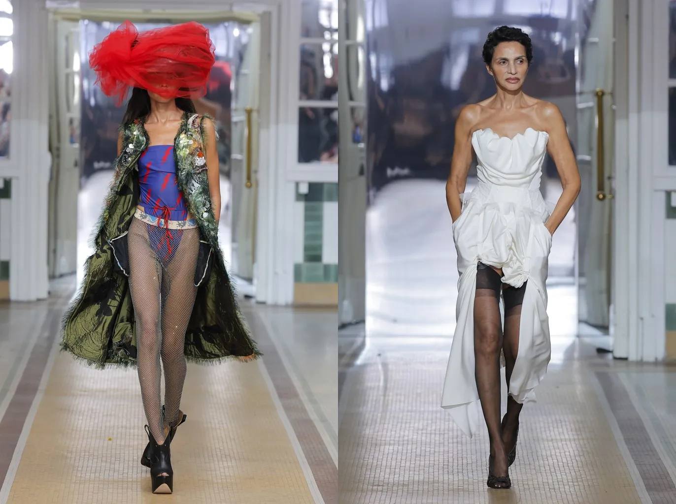 Looks 38 and 41 from the Vivienne Westwood spring/summer 2027 show: crystal mesh tights with platform boots, and a sheer black stocking under a white satin dress