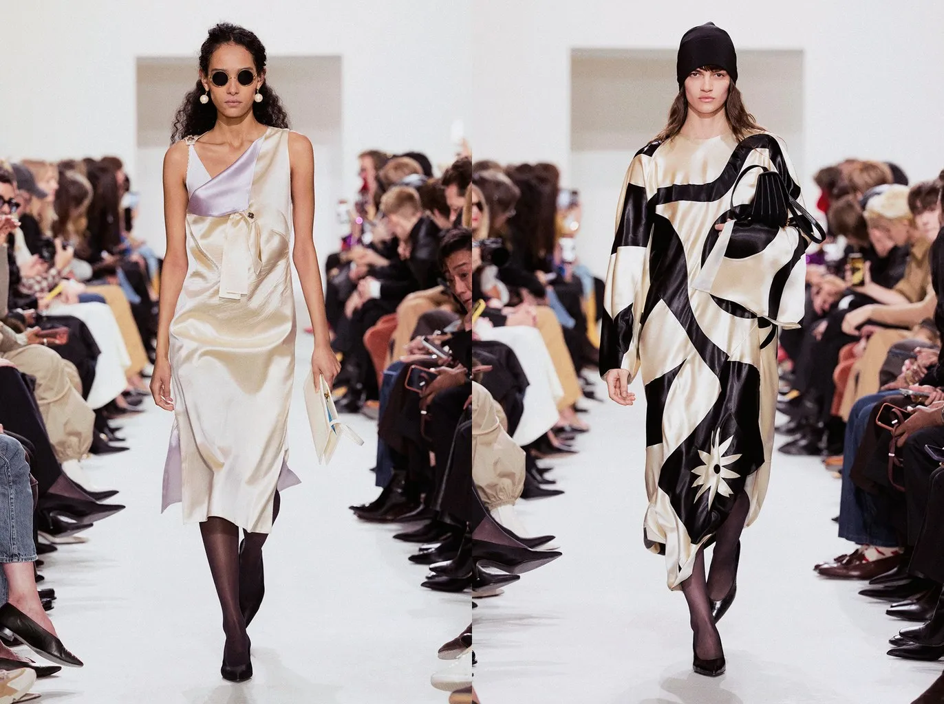 Looks 39 and 58: sheer black tights under a champagne satin slip dress and under a printed black and ivory satin dress