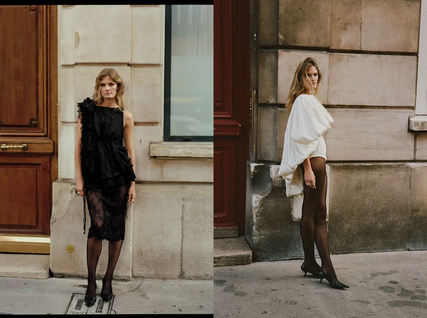 Looks 4 and 5 from Brock spring/summer 2027: sheer black tights under a black lace skirt, and sheer black tights with a white cape top and pointed kitten heels