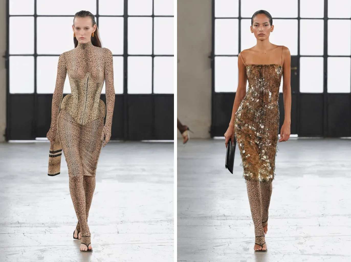 Micro-leopard footed leggings under the corset and under the gold sequin skirt, with thong sandals