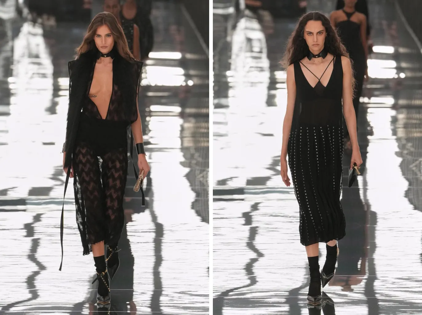 Calzini neri a coste con décolleté nere a punta, con i pantaloni di pizzo trasparente e con l'abito nero borchiato