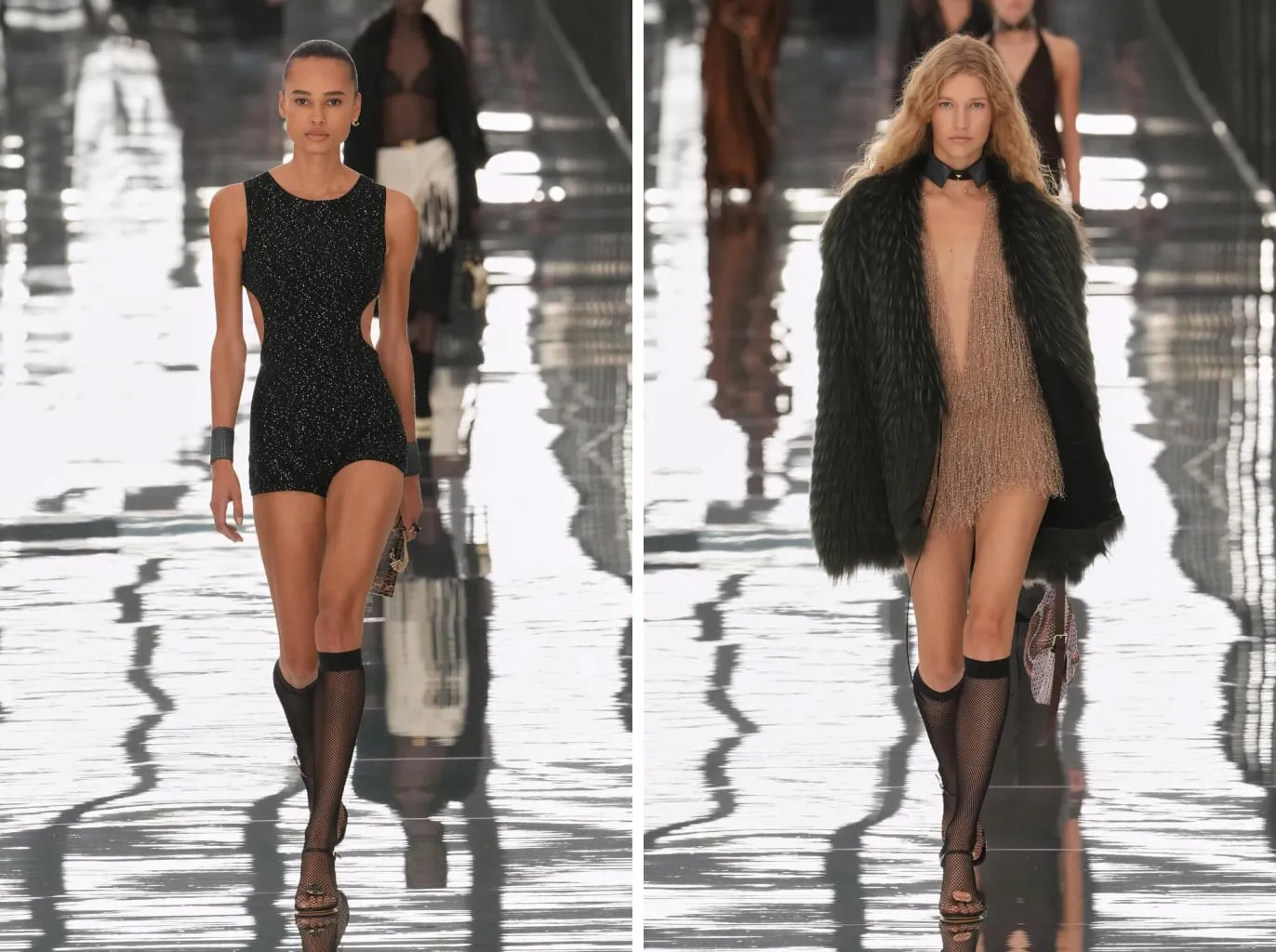 Black fishnet knee socks with jewelled sandals, under the short black bodysuit and under the dark green fur jacket