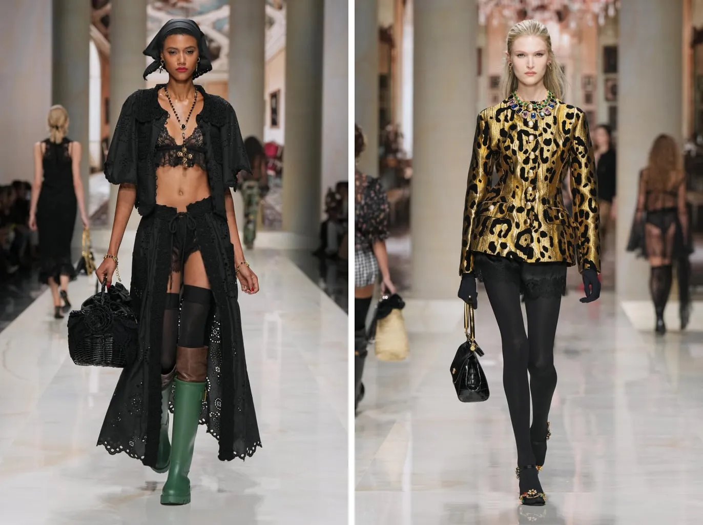 Black over-the-knee stockings with green rubber boots under the broderie robe; legs in opaque black with the gilded leopard jacket