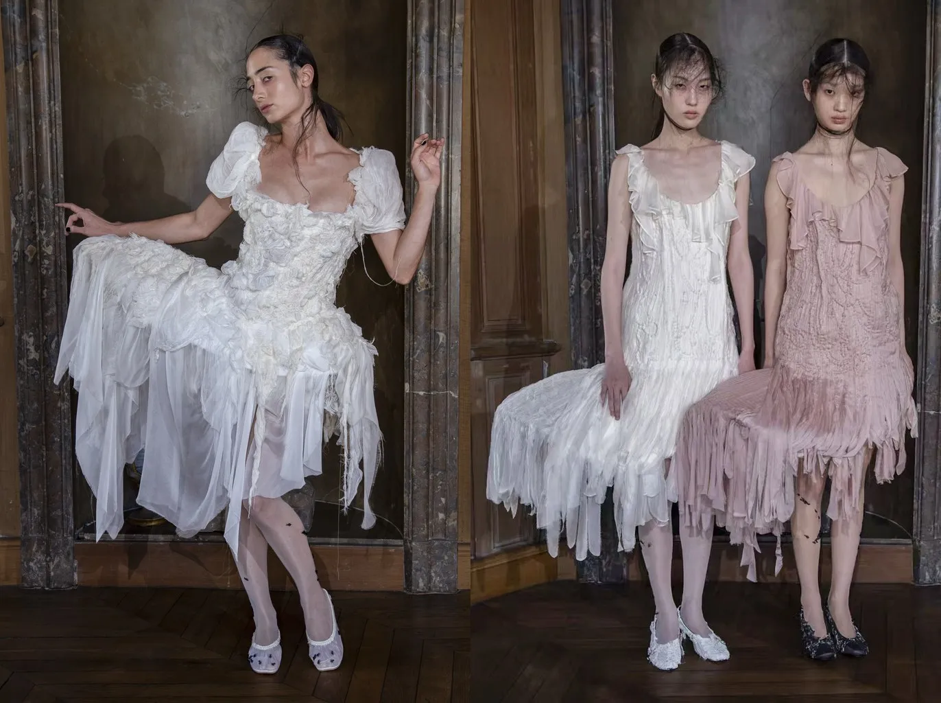 Uscite 5 e 11 della collezione Reverie by Caroline Hu primavera/estate 2027: collant bianchi velati con piccole formiche nere e ballerine velate, e due modelle in collant bianchi e color pelle con le formiche