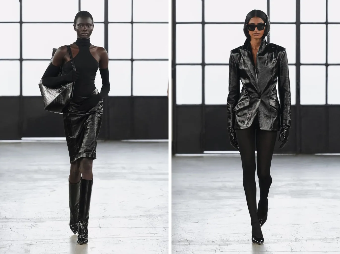 Sheer black hosiery with the leather skirt and knee boots and with the patent blazer and black pumps