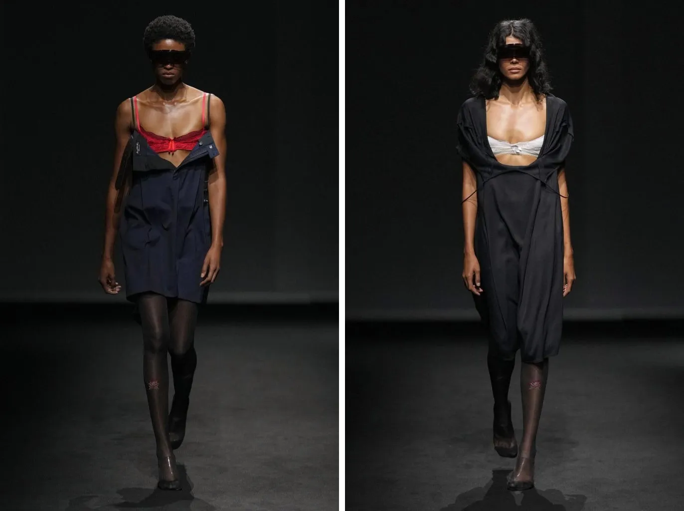 Looks 5 and 53: sheer black tights with a pink flower embroidered on the shin, under navy and black shirt dresses