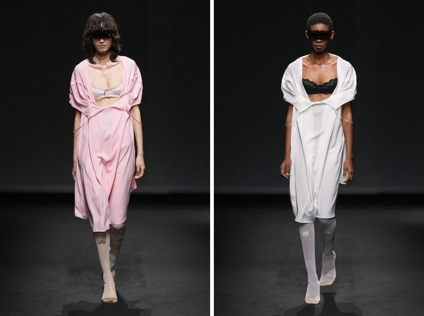 Looks 54 and 55: ivory hosiery with the embroidered flower under pink and white satin dresses, with clear shoes