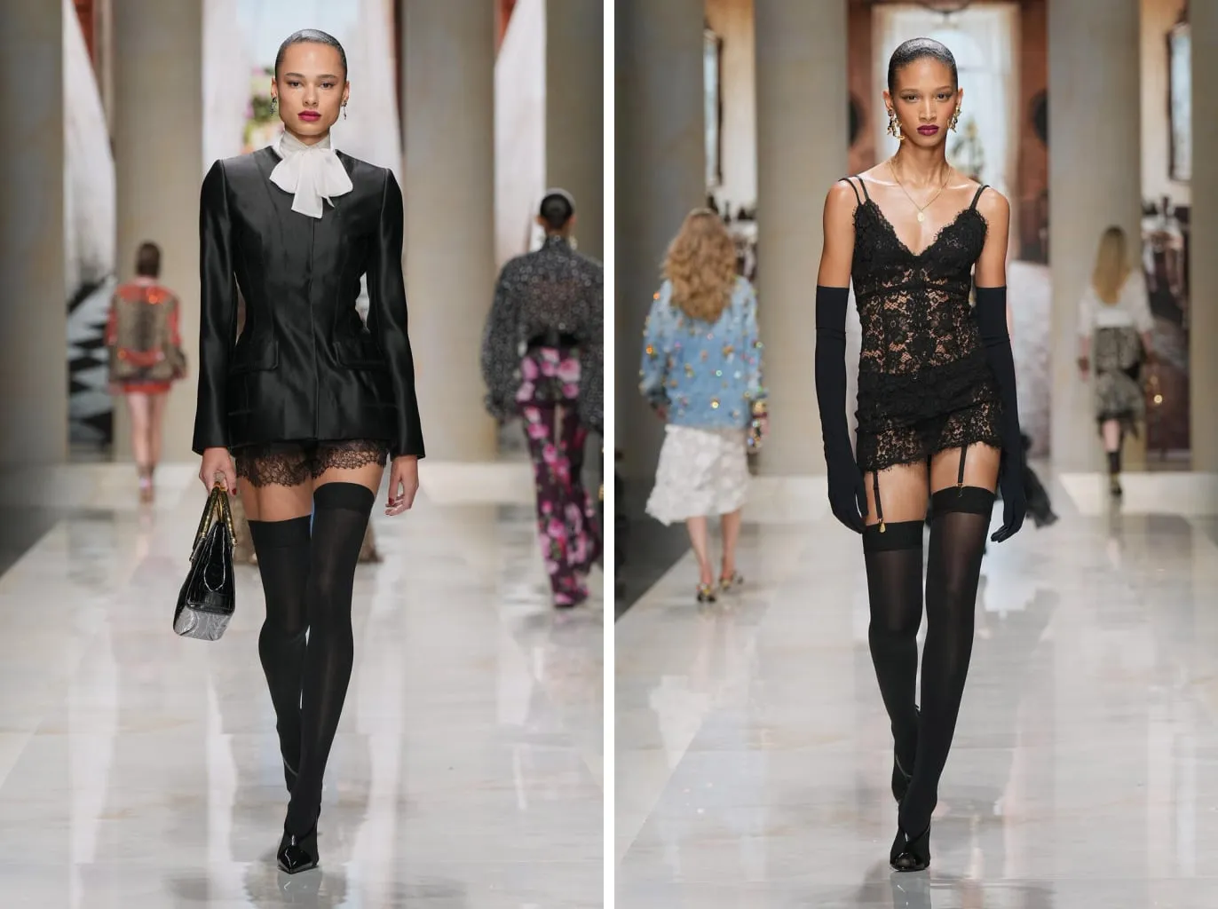 Black hold-ups with the lace-hemmed mini; lace slip, long gloves and suspenders on show