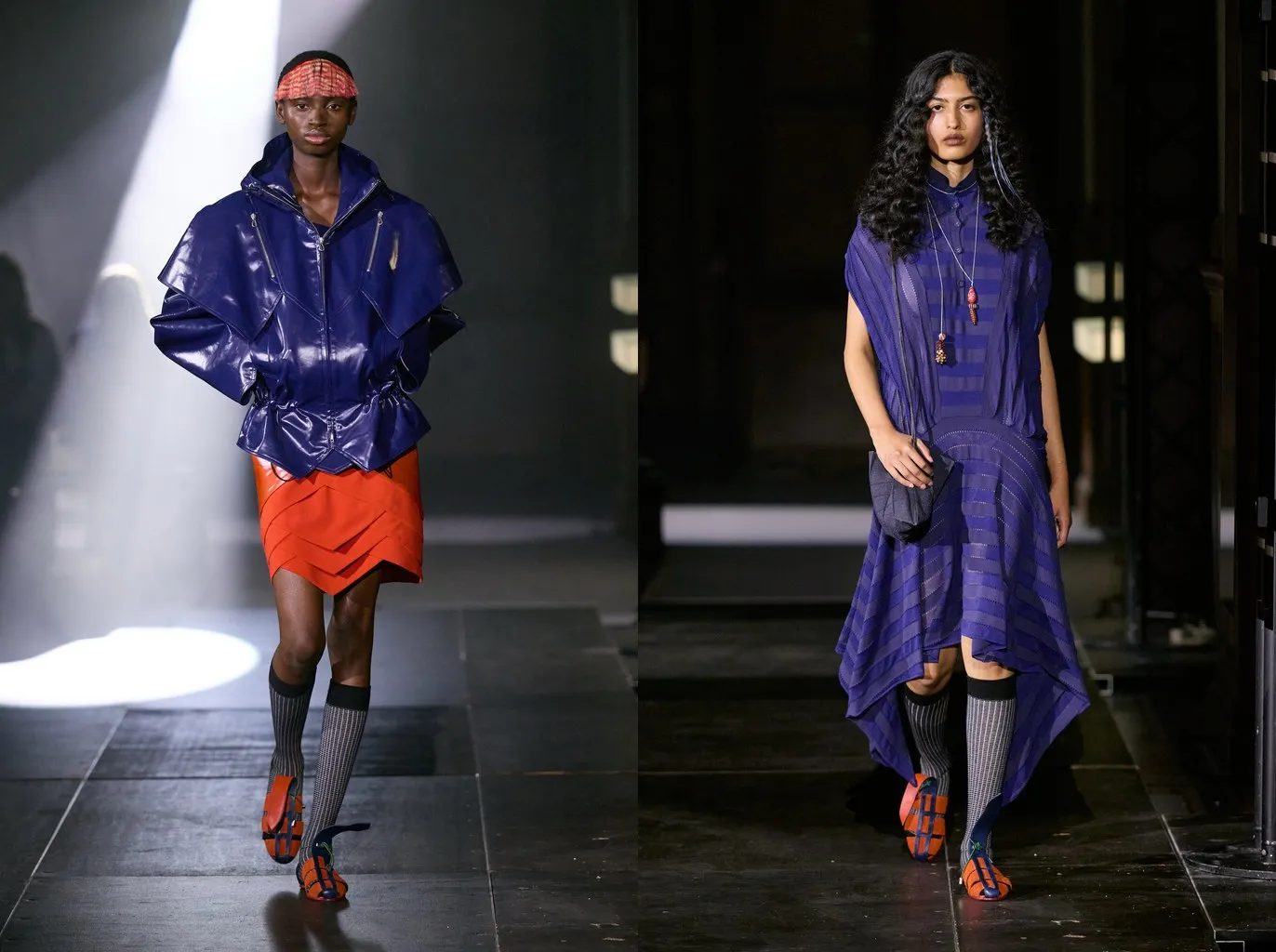 Looks 6 and 28 from the Kiko Kostadinov spring/summer 2027 show: grey ribbed knee socks with a black cuff and orange caged sandals