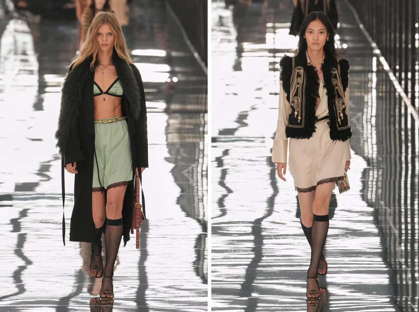 Black fishnet knee socks with jewelled sandals, under the mint-green silk boxers and under the cream slip