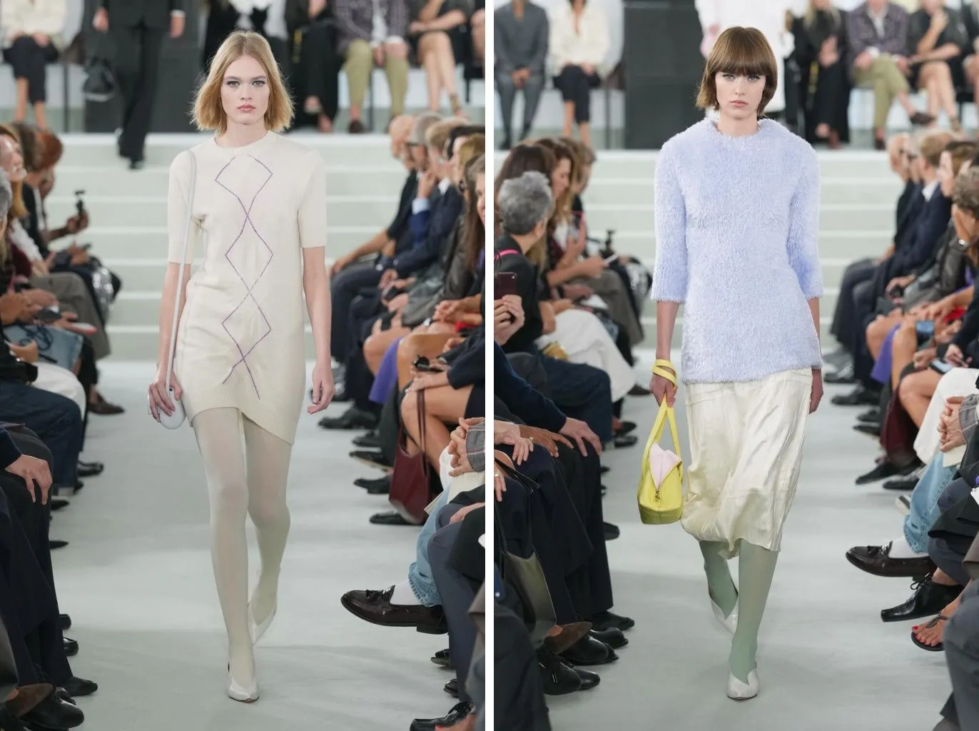 Looks 6 and 53: cream tights under a cream knit dress, and sage green tights under a pale yellow satin skirt