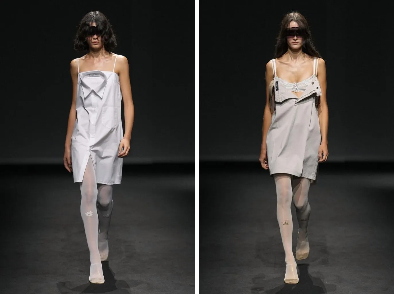 Looks 6 and 8 from the MM6 Maison Margiela spring/summer 2027 show: ivory tights with a flower embroidered on the shin and clear shoes, under shirts worn as dresses