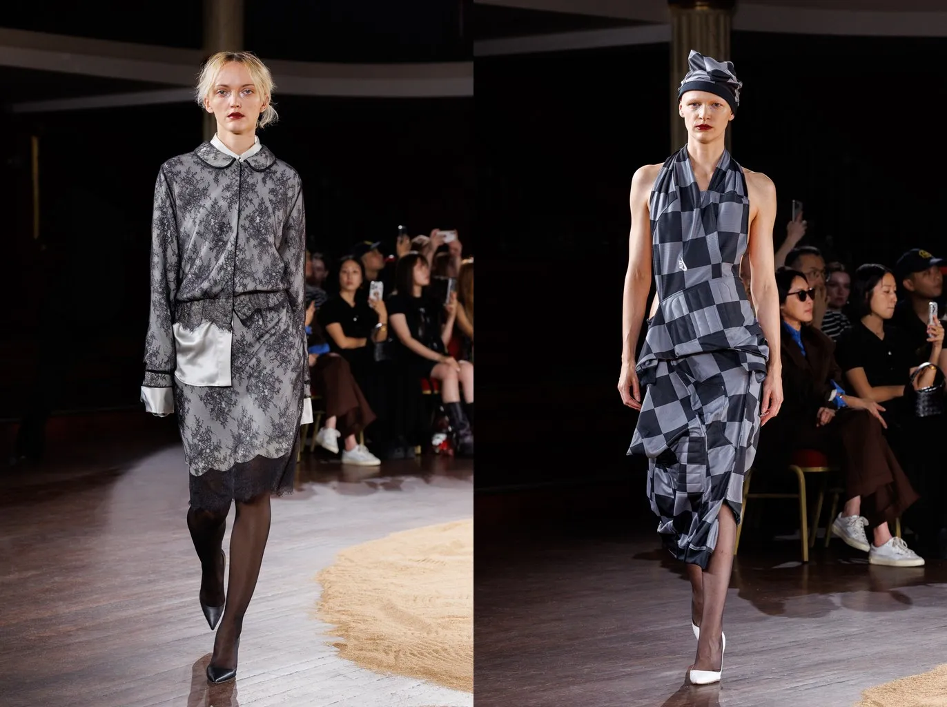 Uscite 7 e 24: collant neri velati sotto un abito di pizzo grigio e sotto un abito drappeggiato di raso a scacchi