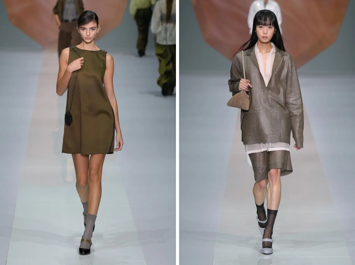 Looks 8 and 20: sheer grey and black ankle socks with Mary Janes, under an olive mini dress and a mud-coloured tunic