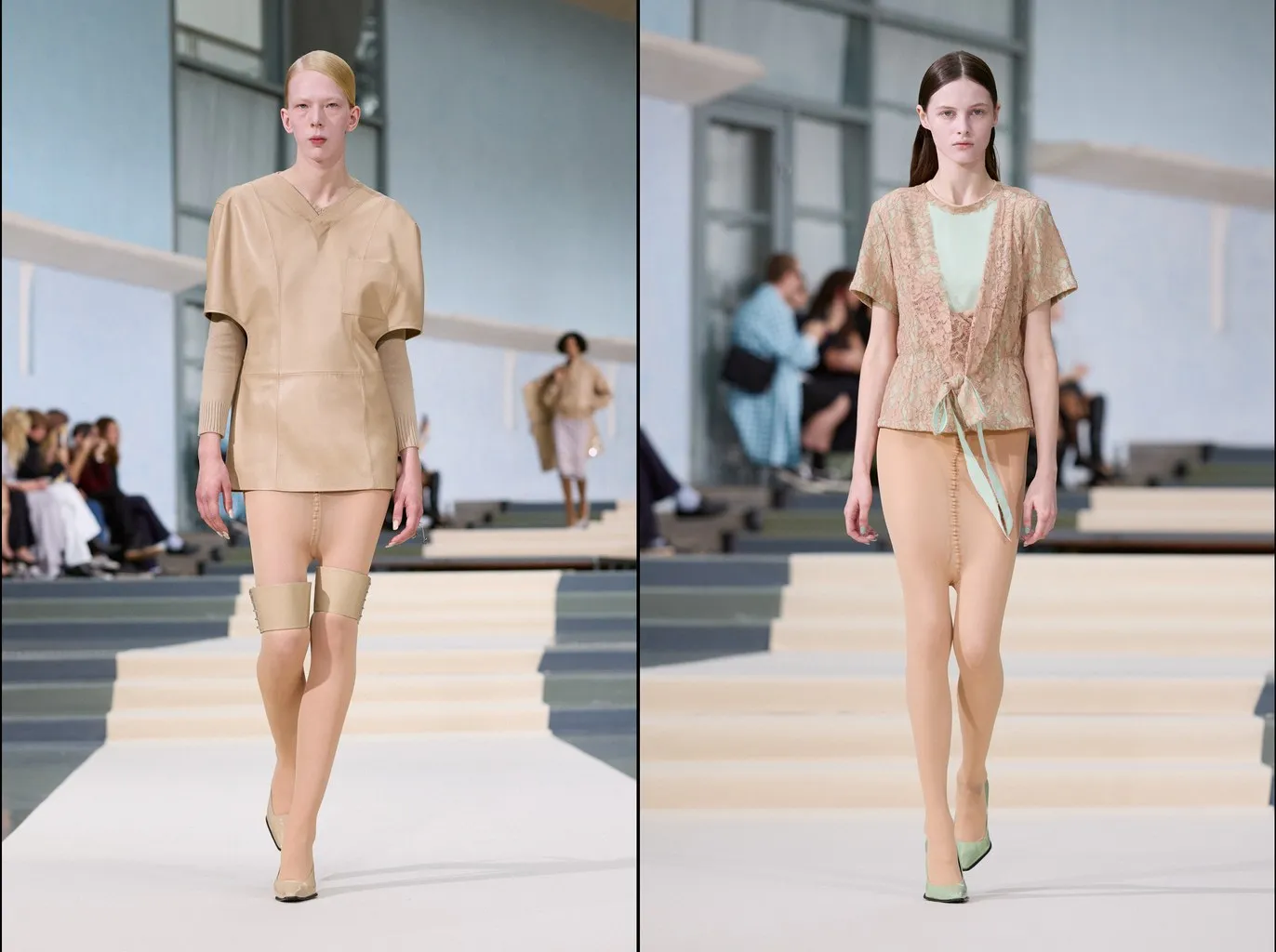 Looks 9 and 12 from the Julie Kegels spring/summer 2027 show: nude tights under a beige leather mini and under a lace-trimmed jacket