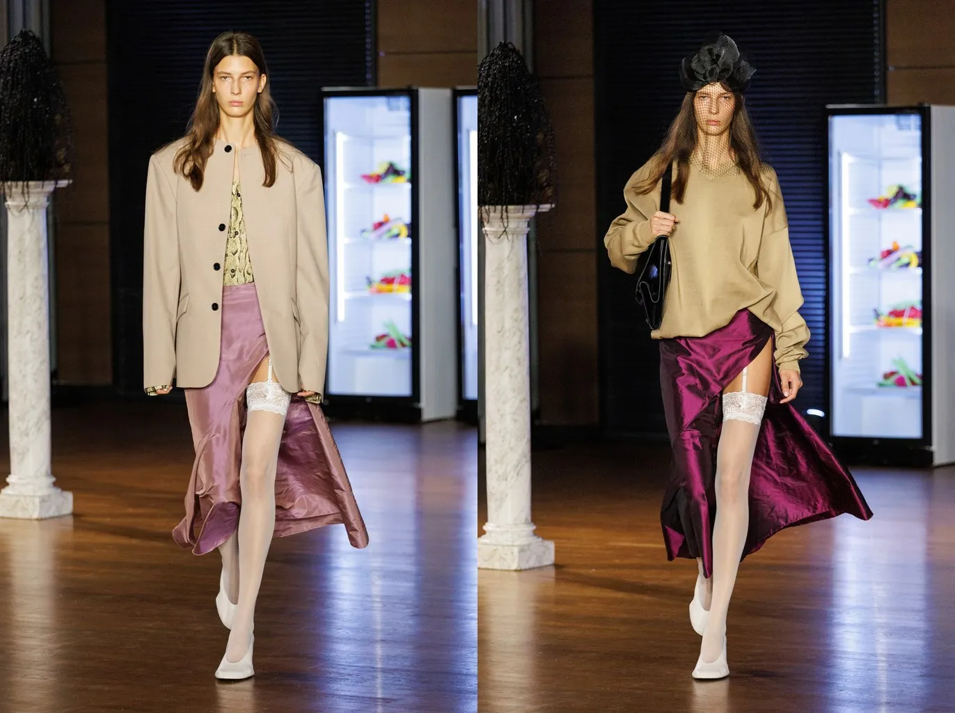 Looks 9 and 34 from the Marie Adam-Leenaerdt spring/summer 2027 show: sheer white lace-top stockings with suspenders under lilac satin and plum taffeta skirts